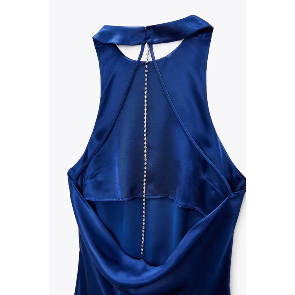 ZARA Blue Open Back Jewel Chain Satin Dress 3564/198 Medium - Picture 8 of 9